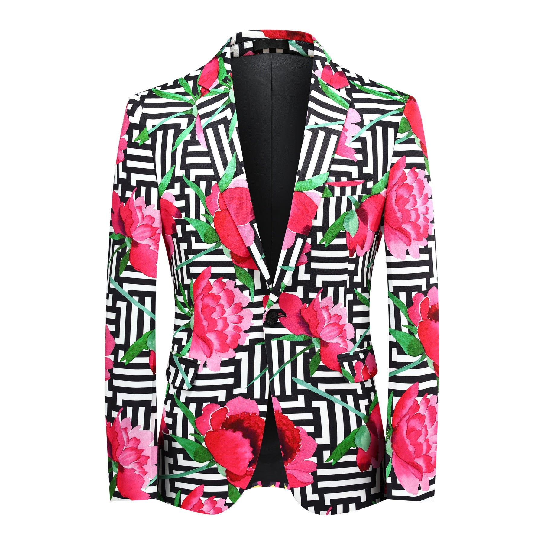 Multi-color # Men's 2-piece tree peony printed festive suit with notch lapel and single-button closure, colorful floral blazer jacket with center back vent and matching trousers for party, wedding and holiday celebrations, isolated on white background.