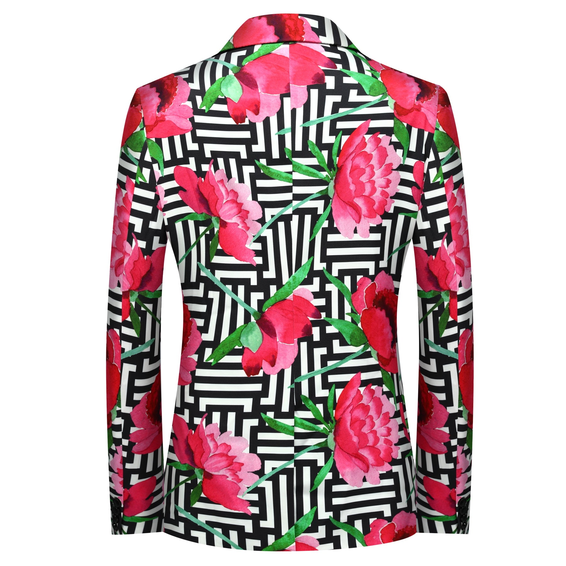 Multi-color # Men's 2-piece tree peony printed festive suit with notch lapel and single-button closure, colorful floral blazer jacket with center back vent and matching trousers for party, wedding and holiday celebrations, isolated on white background.