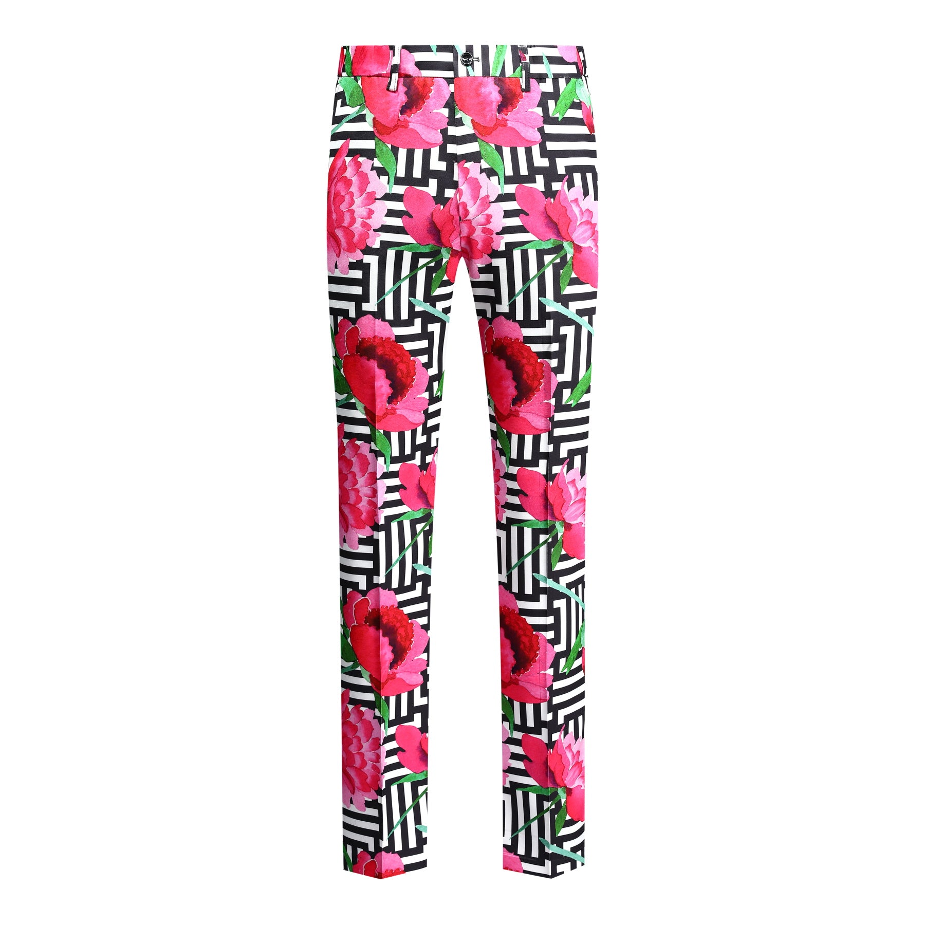 Multi-color # Men's 2-piece tree peony printed festive suit with notch lapel and single-button closure, colorful floral blazer jacket with center back vent and matching trousers for party, wedding and holiday celebrations, isolated on white background.