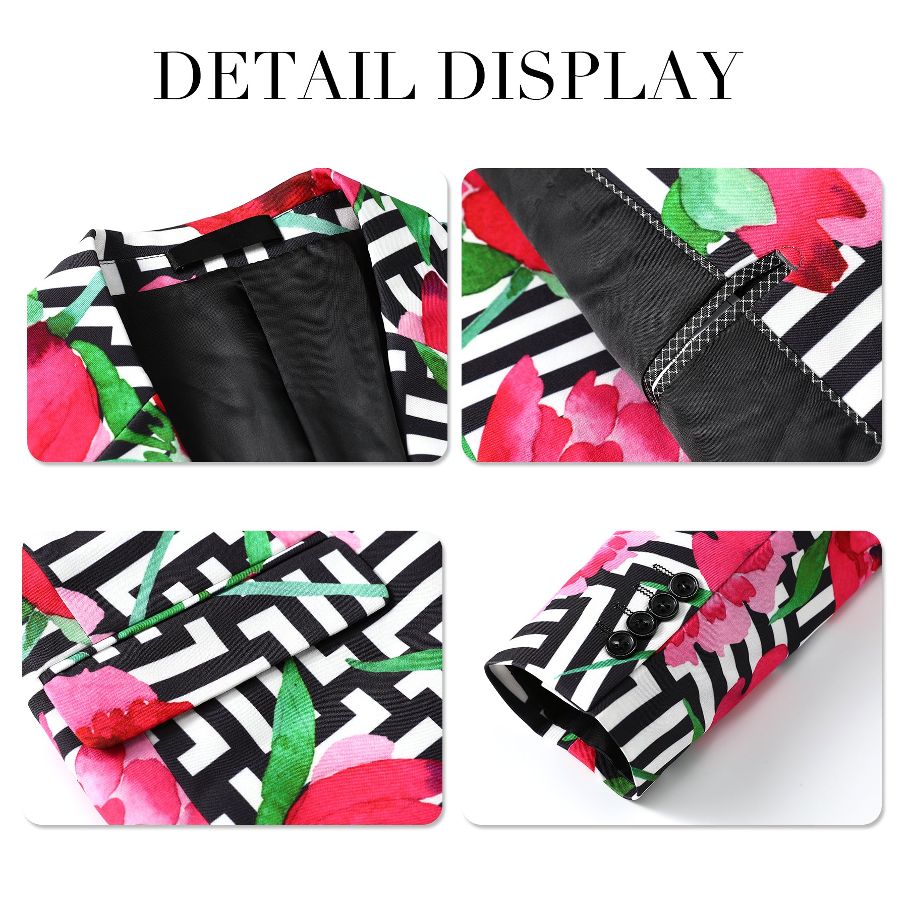 Multi-color # Men's 2-piece tree peony printed festive suit with notch lapel and single-button closure, colorful floral blazer jacket with center back vent and matching trousers for party, wedding and holiday celebrations, isolated on white background.