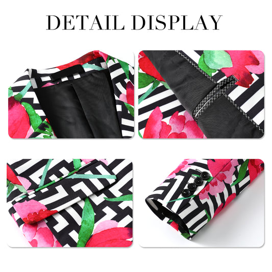 Multi-color # Men's 2-piece tree peony printed festive suit with notch lapel and single-button closure, colorful floral blazer jacket with center back vent and matching trousers for party, wedding and holiday celebrations, isolated on white background.