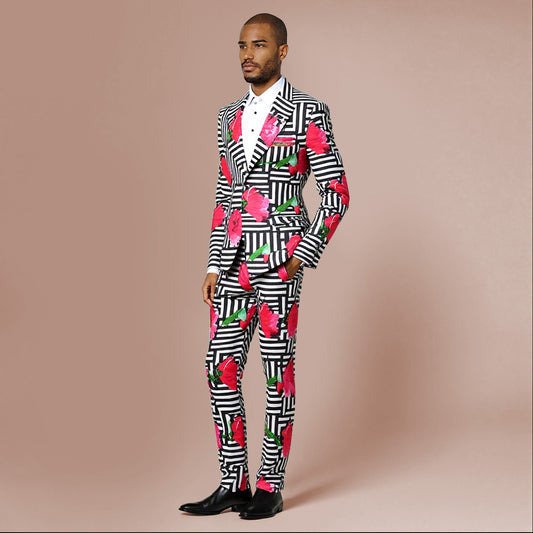 Multi-color # Men's 2-piece tree peony printed festive suit with notch lapel and single-button closure, colorful floral blazer jacket with center back vent and matching trousers for party, wedding and holiday celebrations, isolated on white background.
