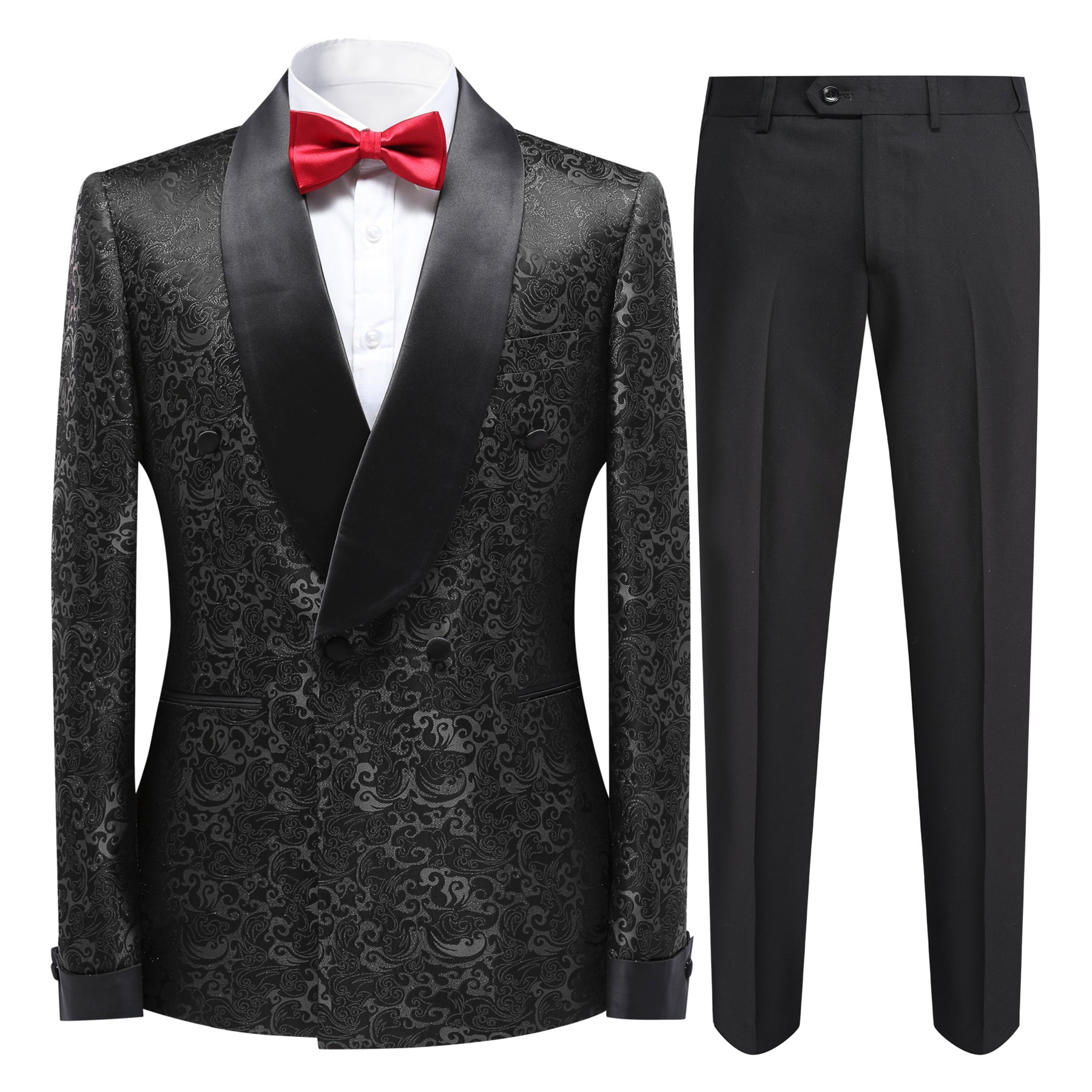 Black # Men's slim fit double-breasted suit with jacquard shawl collar and fully lined blazer jacket, elegant black 2-piece formal wear with matching trousers for wedding, dinner party, prom, business and special occasions, isolated on white background.