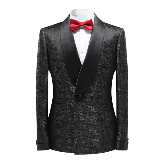 Black # Men's slim fit double-breasted suit with jacquard shawl collar and fully lined blazer jacket, elegant black 2-piece formal wear with matching trousers for wedding, dinner party, prom, business and special occasions, isolated on white background.