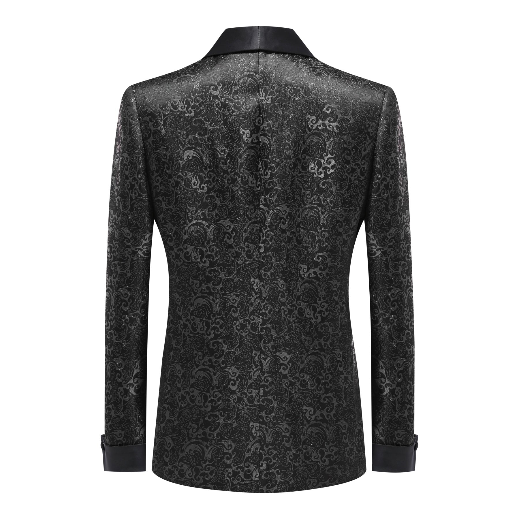 Black # Men's slim fit double-breasted suit with jacquard shawl collar and fully lined blazer jacket, elegant black 2-piece formal wear with matching trousers for wedding, dinner party, prom, business and special occasions, isolated on white background.