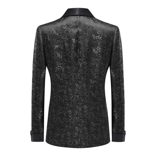 Black # Men's slim fit double-breasted suit with jacquard shawl collar and fully lined blazer jacket, elegant black 2-piece formal wear with matching trousers for wedding, dinner party, prom, business and special occasions, isolated on white background.