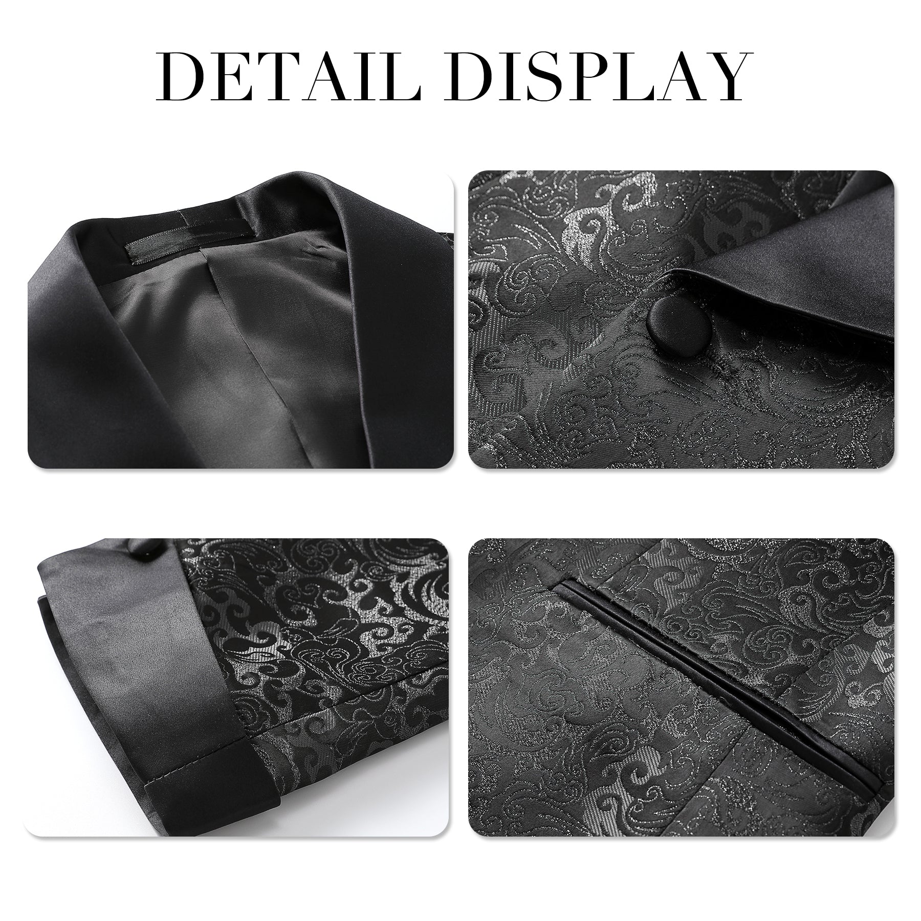 Black # Men's slim fit double-breasted suit with jacquard shawl collar and fully lined blazer jacket, elegant black 2-piece formal wear with matching trousers for wedding, dinner party, prom, business and special occasions, isolated on white background.