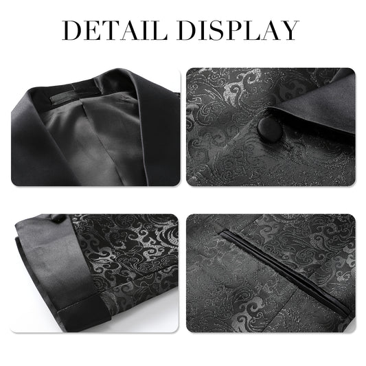 Black # Men's slim fit double-breasted suit with jacquard shawl collar and fully lined blazer jacket, elegant black 2-piece formal wear with matching trousers for wedding, dinner party, prom, business and special occasions, isolated on white background.