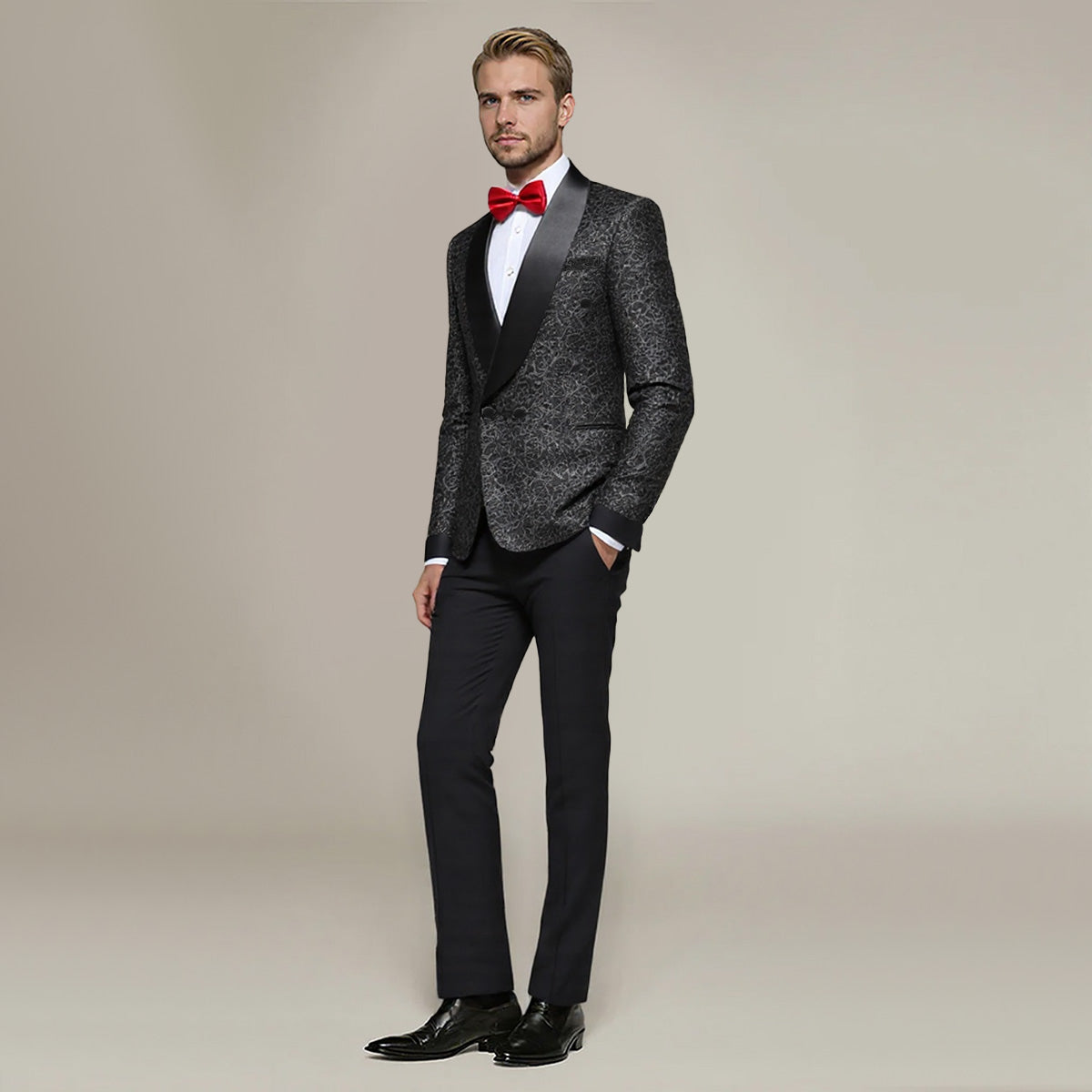 Black # Men's slim fit double-breasted suit with jacquard shawl collar and fully lined blazer jacket, elegant black 2-piece formal wear with matching trousers for wedding, dinner party, prom, business and special occasions, isolated on white background.