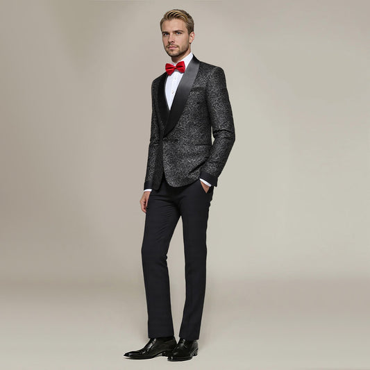 Black # Men's slim fit double-breasted suit with jacquard shawl collar and fully lined blazer jacket, elegant black 2-piece formal wear with matching trousers for wedding, dinner party, prom, business and special occasions, isolated on white background.