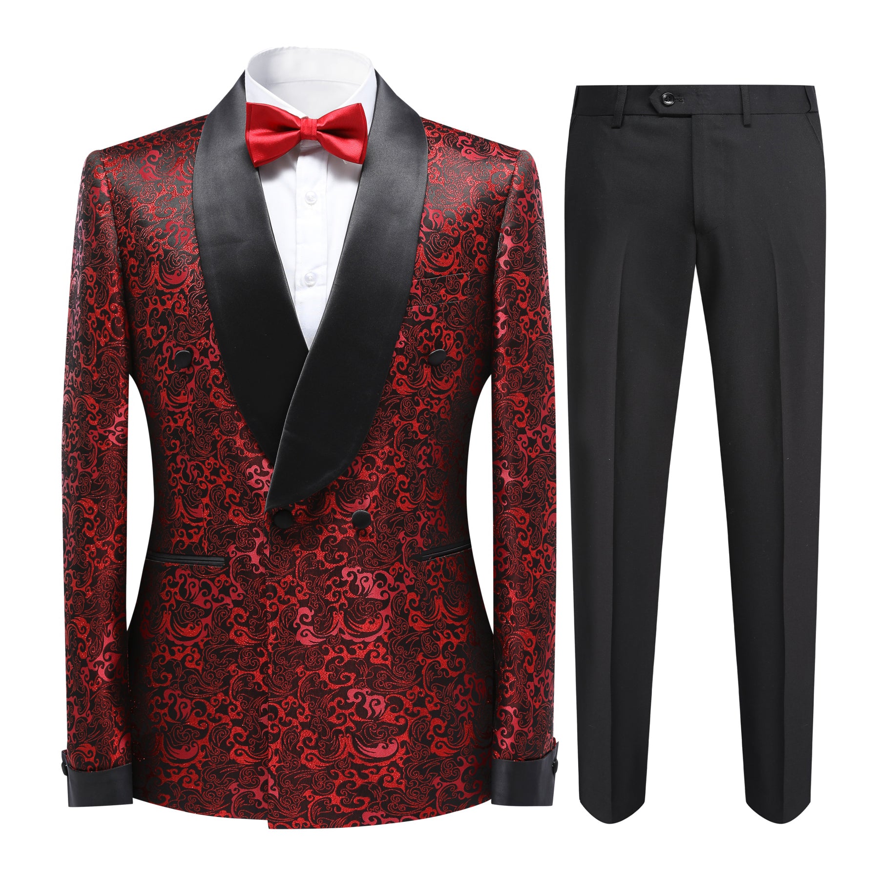Red # Men's slim fit double-breasted suit with jacquard shawl collar, red formal 2-piece blazer jacket with matching trousers, elegant textured fabric suit for wedding, prom, party, business and formal events, isolated on white background.
