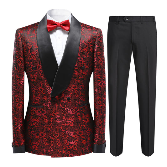 Red # Men's slim fit double-breasted suit with jacquard shawl collar, red formal 2-piece blazer jacket with matching trousers, elegant textured fabric suit for wedding, prom, party, business and formal events, isolated on white background.