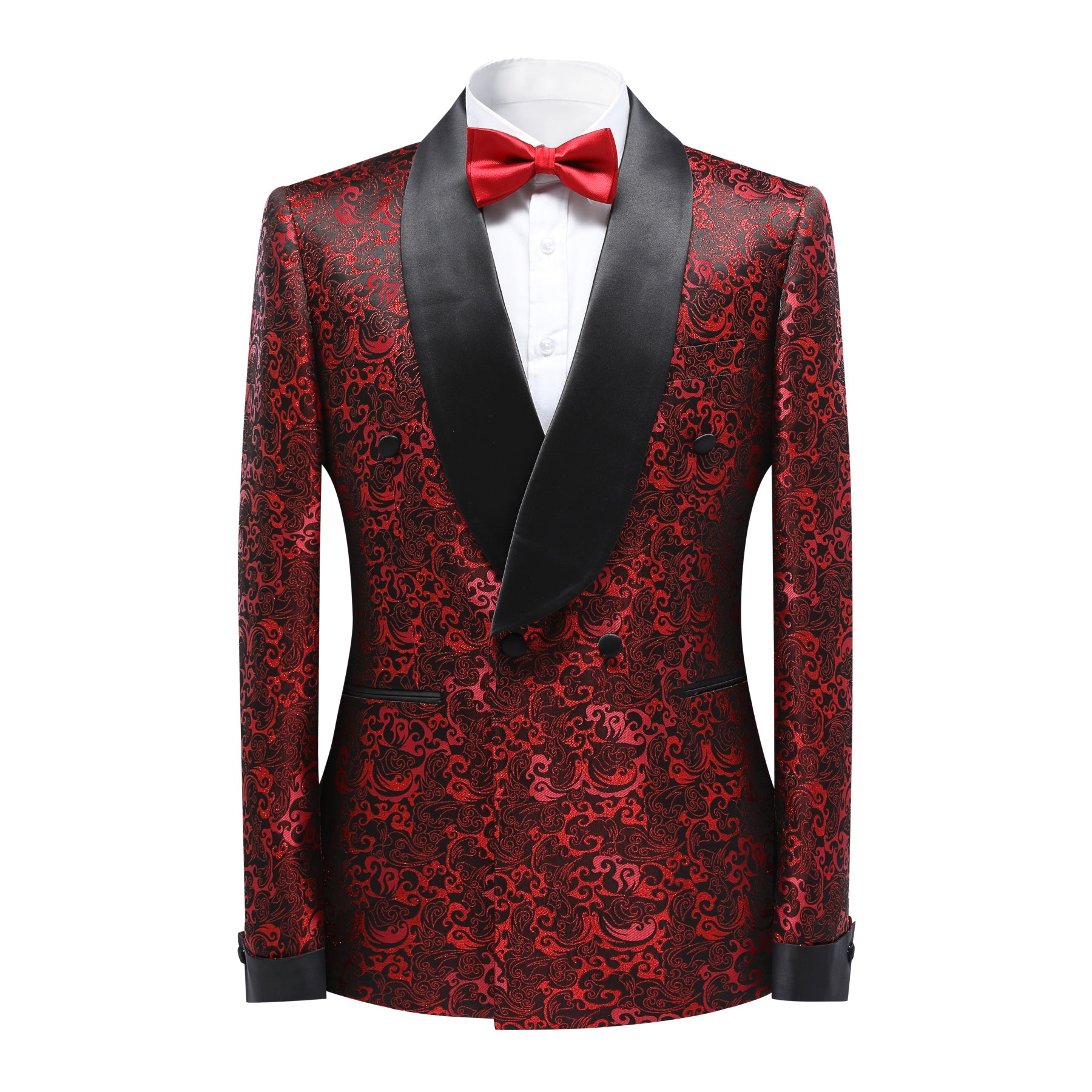 Red # Men's slim fit double-breasted suit with jacquard shawl collar, red formal 2-piece blazer jacket with matching trousers, elegant textured fabric suit for wedding, prom, party, business and formal events, isolated on white background.