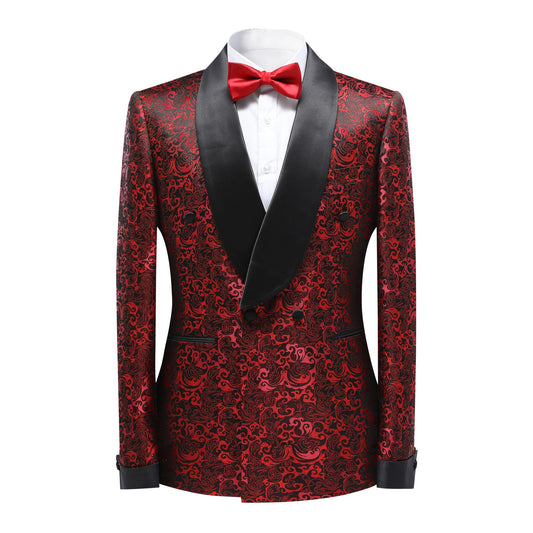 Red # Men's slim fit double-breasted suit with jacquard shawl collar, red formal 2-piece blazer jacket with matching trousers, elegant textured fabric suit for wedding, prom, party, business and formal events, isolated on white background.