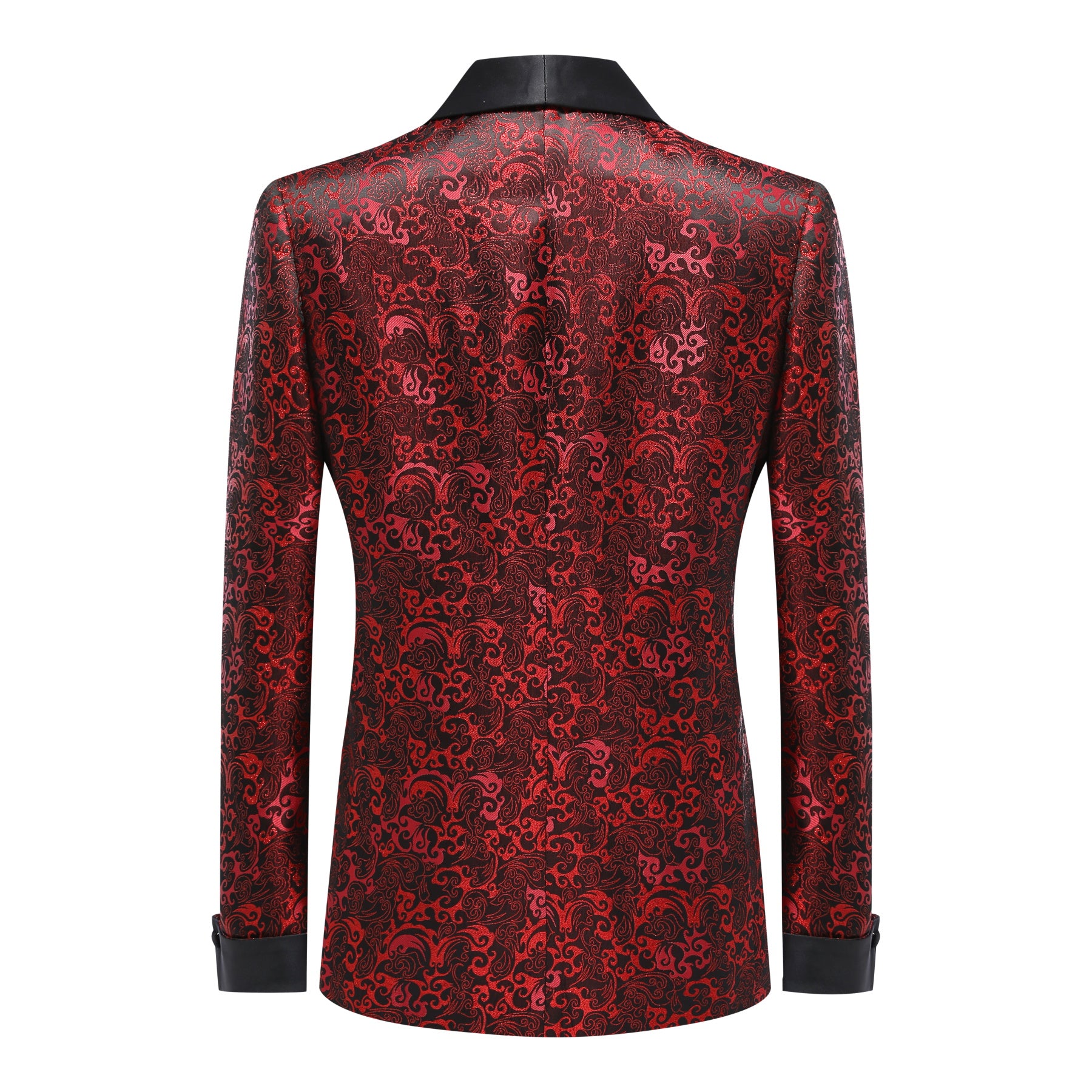 Red # Men's slim fit double-breasted suit with jacquard shawl collar, red formal 2-piece blazer jacket with matching trousers, elegant textured fabric suit for wedding, prom, party, business and formal events, isolated on white background.