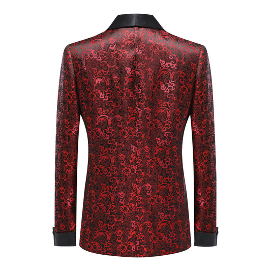 Red # Men's slim fit double-breasted suit with jacquard shawl collar, red formal 2-piece blazer jacket with matching trousers, elegant textured fabric suit for wedding, prom, party, business and formal events, isolated on white background.