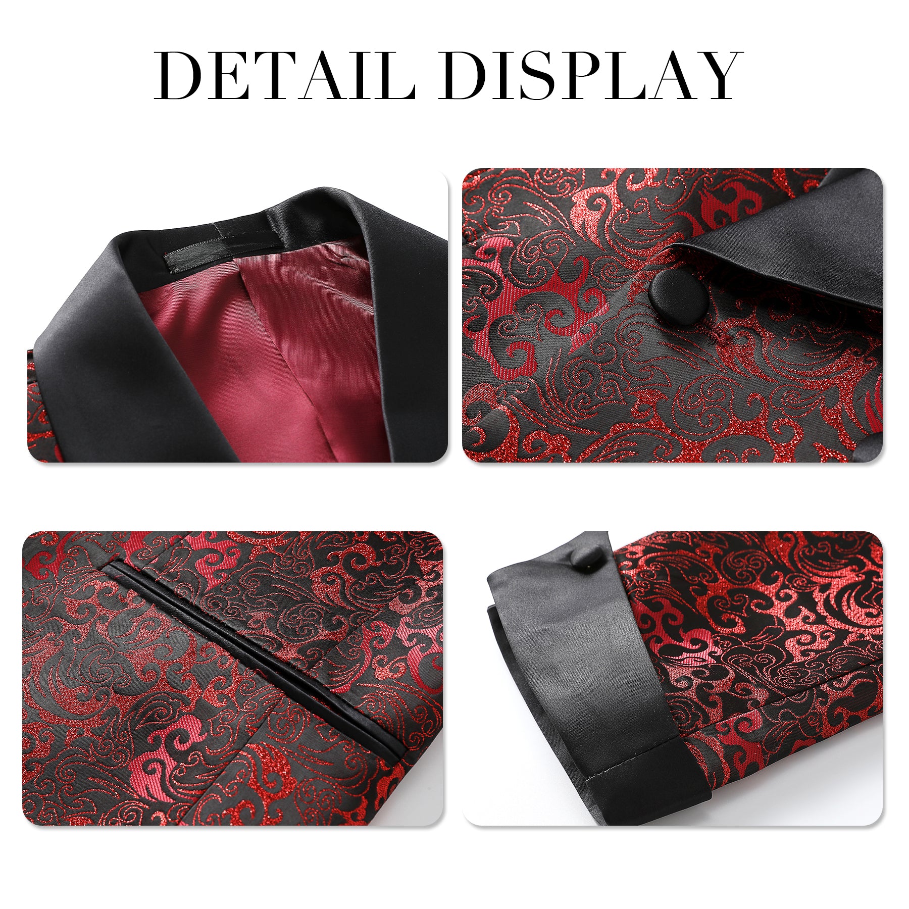 Red # Men's slim fit double-breasted suit with jacquard shawl collar, red formal 2-piece blazer jacket with matching trousers, elegant textured fabric suit for wedding, prom, party, business and formal events, isolated on white background.