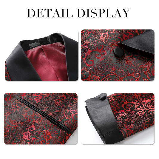 Red # Men's slim fit double-breasted suit with jacquard shawl collar, red formal 2-piece blazer jacket with matching trousers, elegant textured fabric suit for wedding, prom, party, business and formal events, isolated on white background.