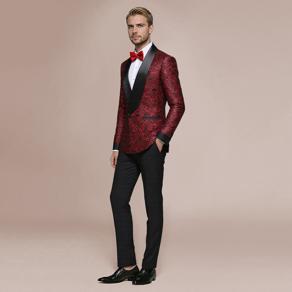 Red # Men's slim fit double-breasted suit with jacquard shawl collar, red formal 2-piece blazer jacket with matching trousers, elegant textured fabric suit for wedding, prom, party, business and formal events, isolated on white background.