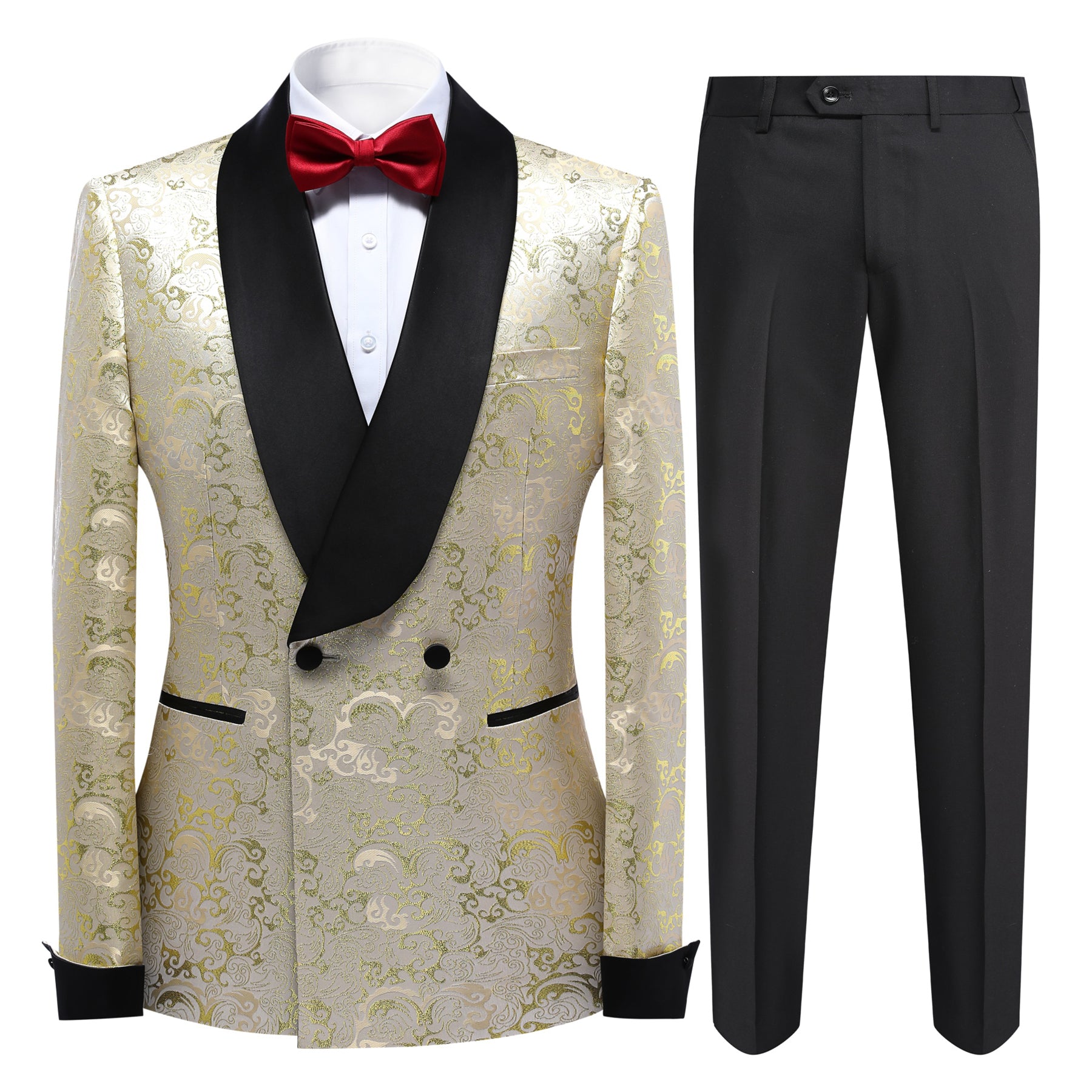 Gold # Men's slim fit double-breasted jacquard suit with shawl collar and paisley pattern, gold formal 2-piece blazer jacket with matching trousers for party, celebration, wedding, prom and special events, isolated on white background.