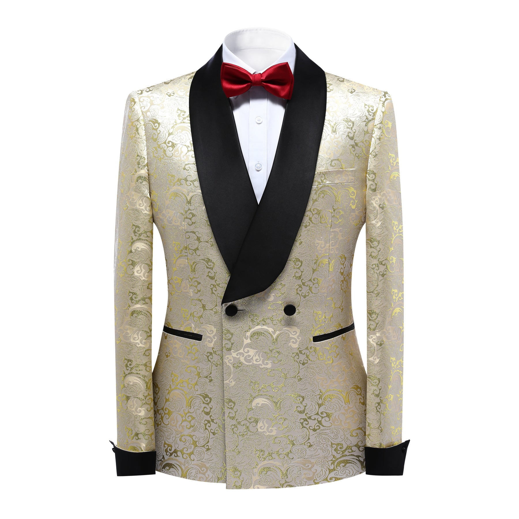 Gold # Men's slim fit double-breasted jacquard suit with shawl collar and paisley pattern, gold formal 2-piece blazer jacket with matching trousers for party, celebration, wedding, prom and special events, isolated on white background.