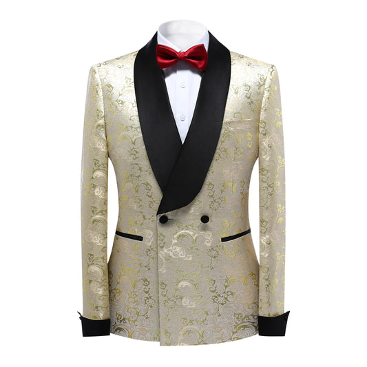Gold # Men's slim fit double-breasted jacquard suit with shawl collar and paisley pattern, gold formal 2-piece blazer jacket with matching trousers for party, celebration, wedding, prom and special events, isolated on white background.