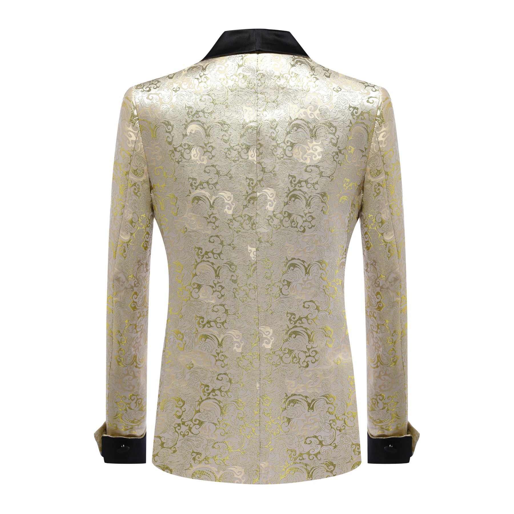 Gold # Men's slim fit double-breasted jacquard suit with shawl collar and paisley pattern, gold formal 2-piece blazer jacket with matching trousers for party, celebration, wedding, prom and special events, isolated on white background.