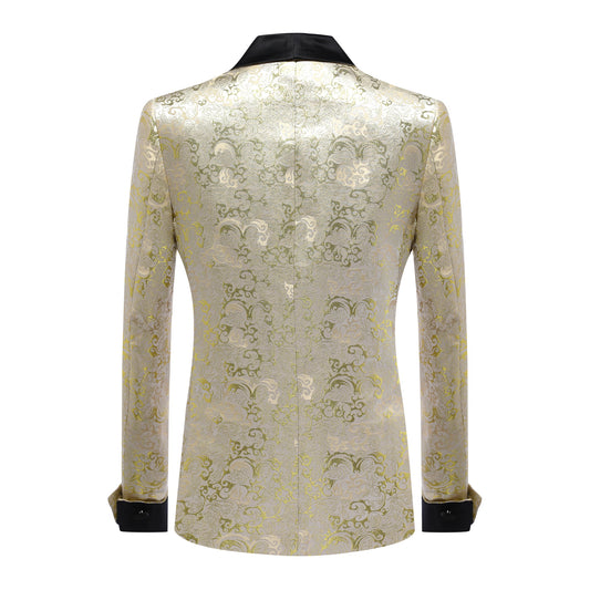 Gold # Men's slim fit double-breasted jacquard suit with shawl collar and paisley pattern, gold formal 2-piece blazer jacket with matching trousers for party, celebration, wedding, prom and special events, isolated on white background.
