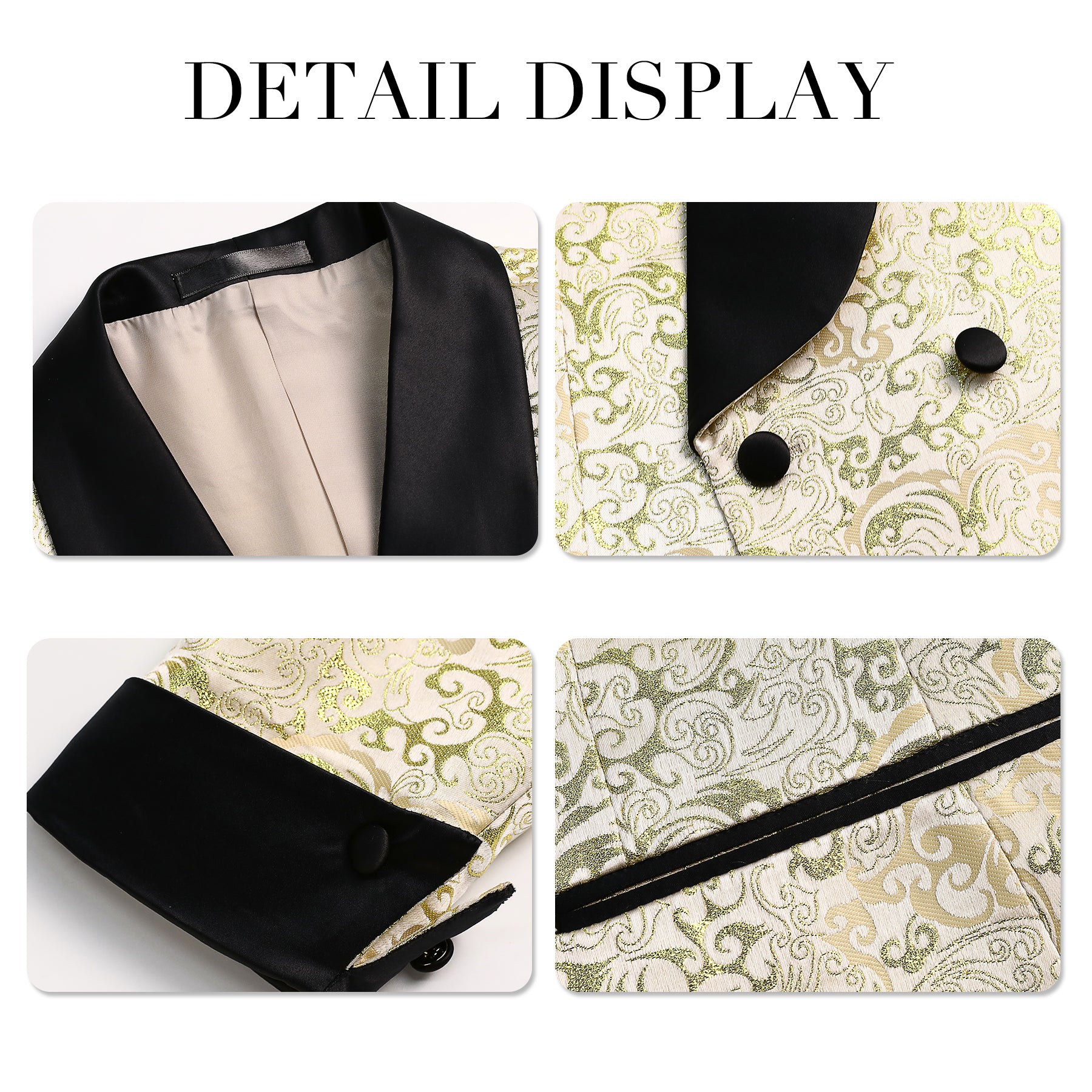 Gold # Men's slim fit double-breasted jacquard suit with shawl collar and paisley pattern, gold formal 2-piece blazer jacket with matching trousers for party, celebration, wedding, prom and special events, isolated on white background.