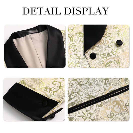 Gold # Men's slim fit double-breasted jacquard suit with shawl collar and paisley pattern, gold formal 2-piece blazer jacket with matching trousers for party, celebration, wedding, prom and special events, isolated on white background.