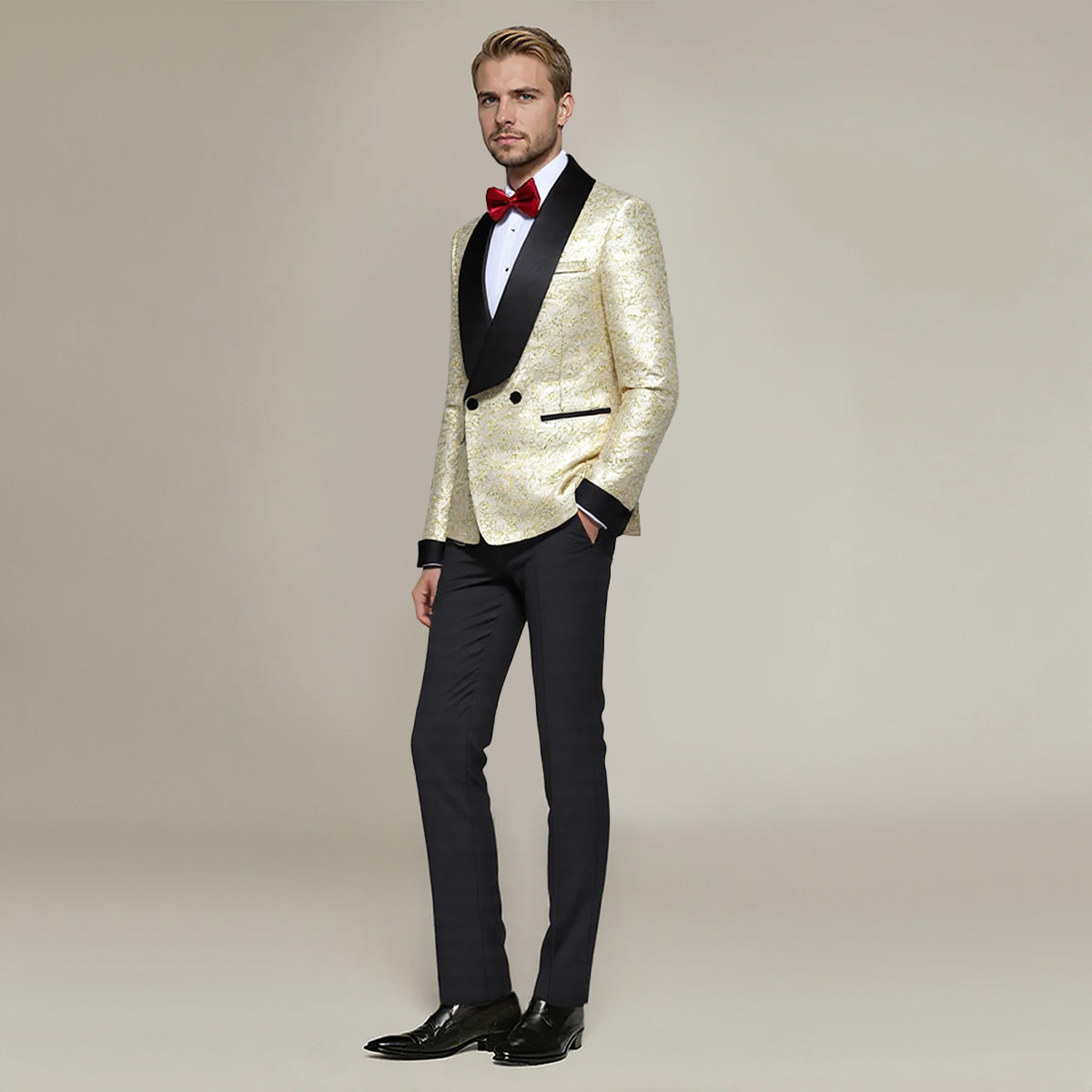 Gold # Men's slim fit double-breasted jacquard suit with shawl collar and paisley pattern, gold formal 2-piece blazer jacket with matching trousers for party, celebration, wedding, prom and special events, isolated on white background.