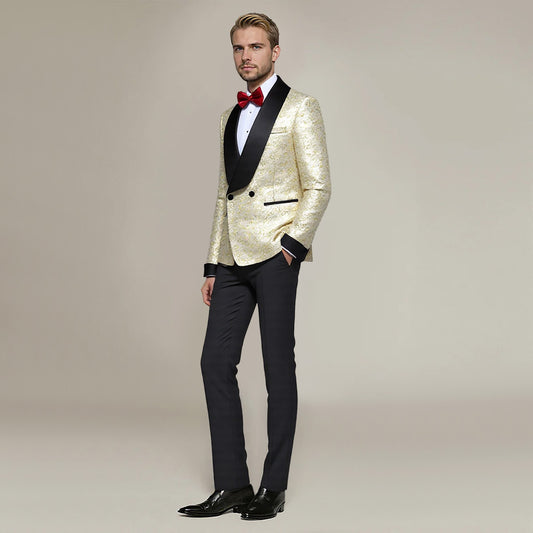 Gold # Men's slim fit double-breasted jacquard suit with shawl collar and paisley pattern, gold formal 2-piece blazer jacket with matching trousers for party, celebration, wedding, prom and special events, isolated on white background.