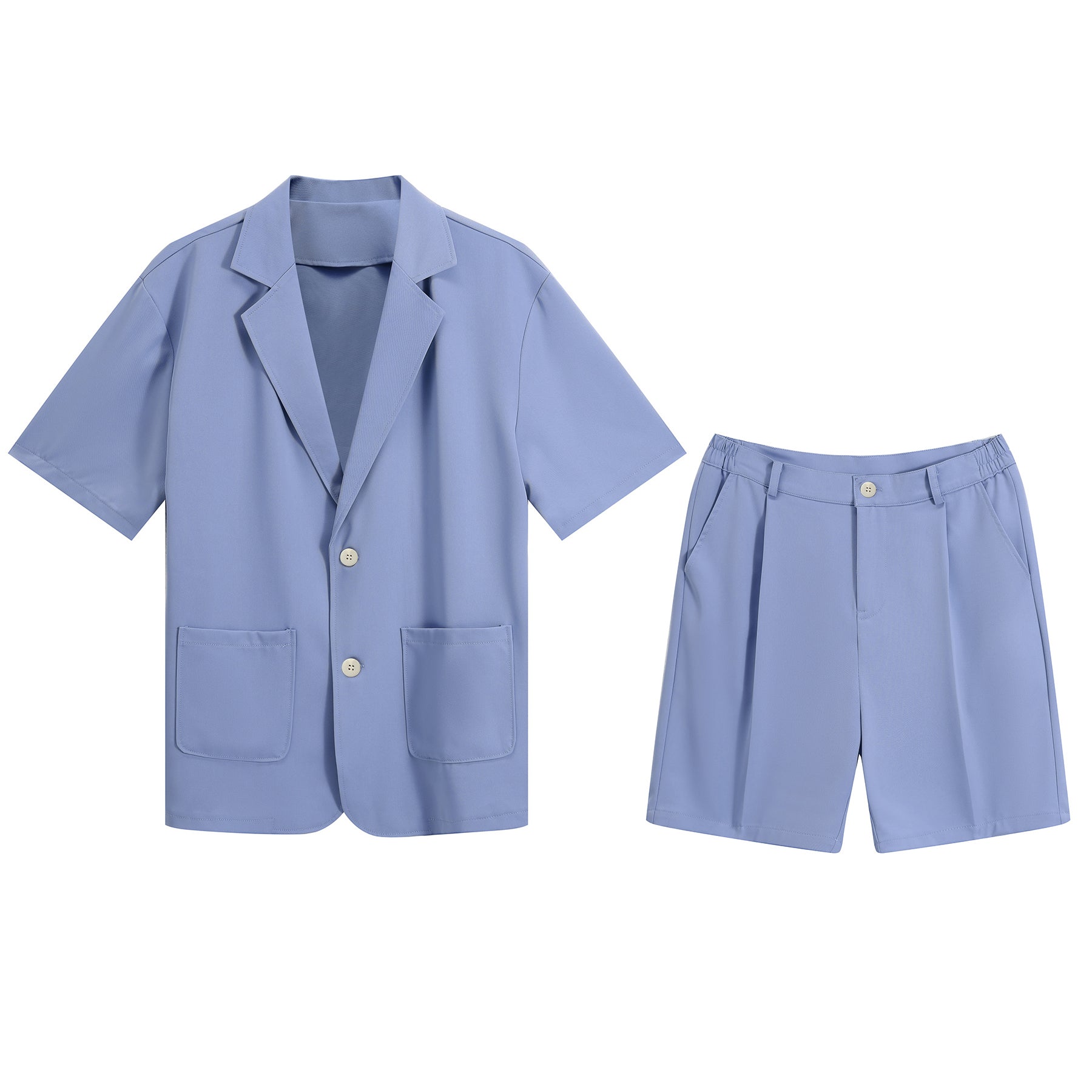 Blue # Men's solid color Hawaiian summer suit with short sleeve spread collar printed shirt and matching shorts, lightweight casual vacation outfit for camp, luau, cruise and beach, isolated on white background.