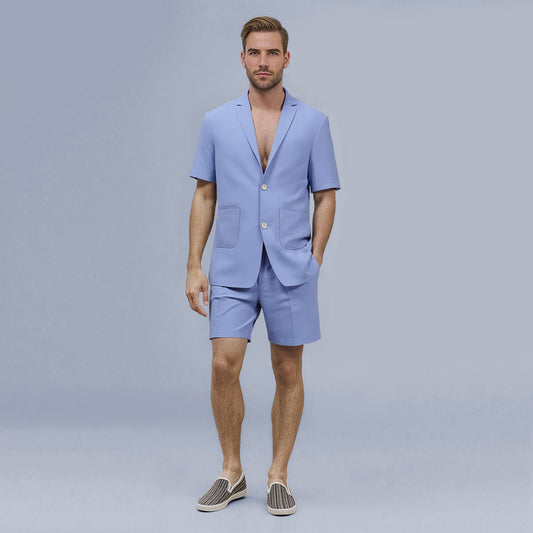 Blue # Men's solid color Hawaiian summer suit with short sleeve spread collar printed shirt and matching shorts, lightweight casual vacation outfit for camp, luau, cruise and beach, isolated on white background.
