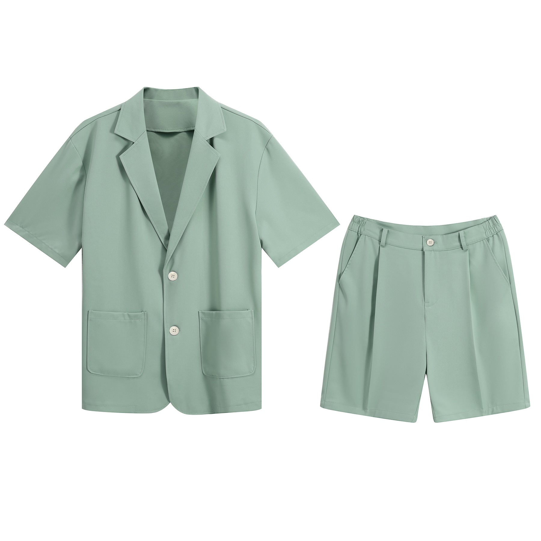 Green # Men's short sleeve Hawaiian summer suit with spread collar and all-over print, casual green vacation outfit with matching shorts for camp, luau, cruise, beach and summer party, isolated on white background.