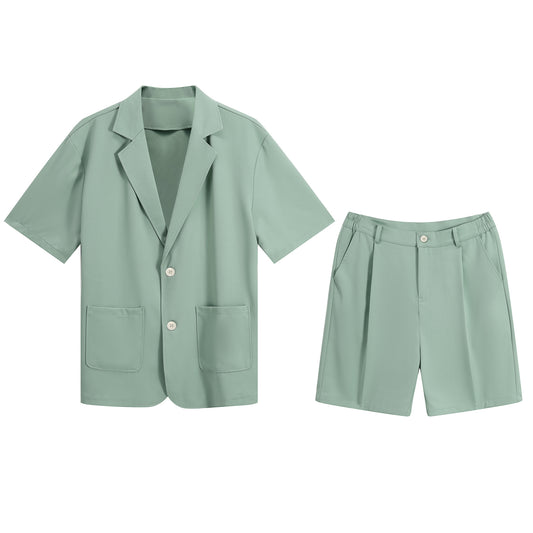 Green # Men's short sleeve Hawaiian summer suit with spread collar and all-over print, casual green vacation outfit with matching shorts for camp, luau, cruise, beach and summer party, isolated on white background.