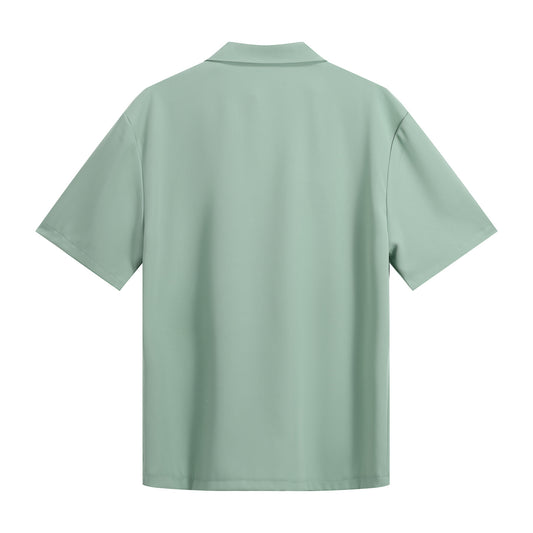Green # Men's short sleeve Hawaiian summer suit with spread collar and all-over print, casual green vacation outfit with matching shorts for camp, luau, cruise, beach and summer party, isolated on white background.