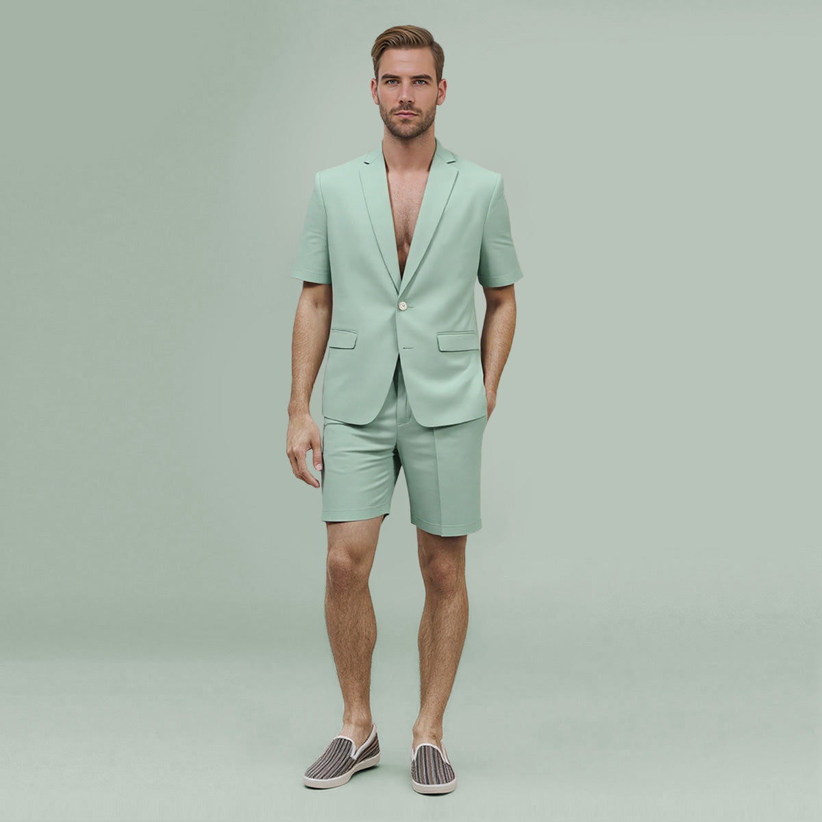 Green # Men's short sleeve Hawaiian summer suit with spread collar and all-over print, casual green vacation outfit with matching shorts for camp, luau, cruise, beach and summer party, isolated on white background.