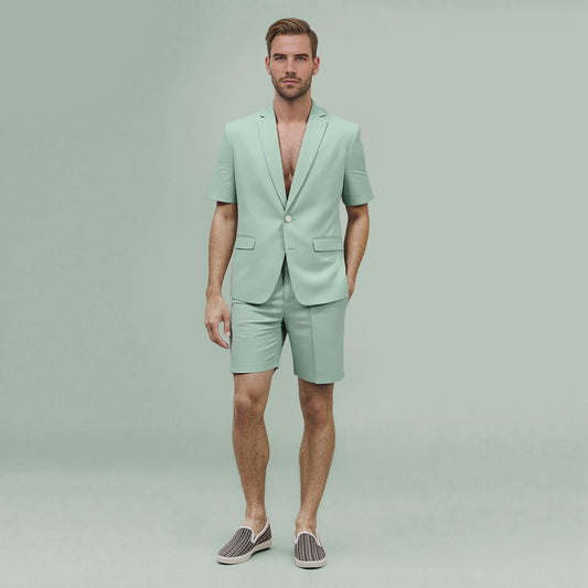 Green # Men's short sleeve Hawaiian summer suit with spread collar and all-over print, casual green vacation outfit with matching shorts for camp, luau, cruise, beach and summer party, isolated on white background.