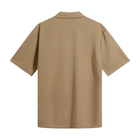Khaki # Men's short sleeve Hawaiian summer suit with spread collar and all-over print, casual khaki vacation outfit with matching shorts for camp, luau, cruise, beach and summer party, isolated on white background.