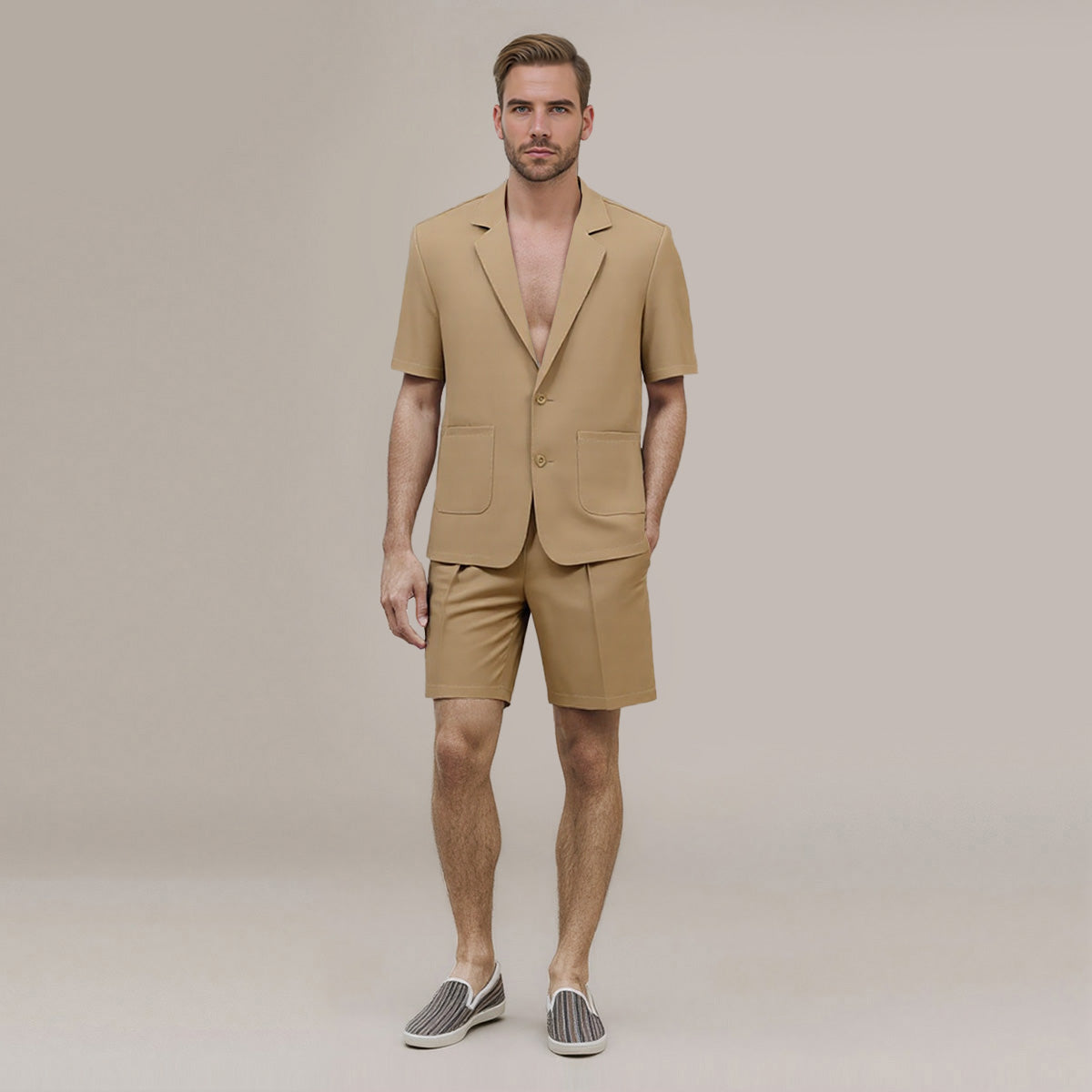 Khaki # Men's short sleeve Hawaiian summer suit with spread collar and all-over print, casual khaki vacation outfit with matching shorts for camp, luau, cruise, beach and summer party, isolated on white background.