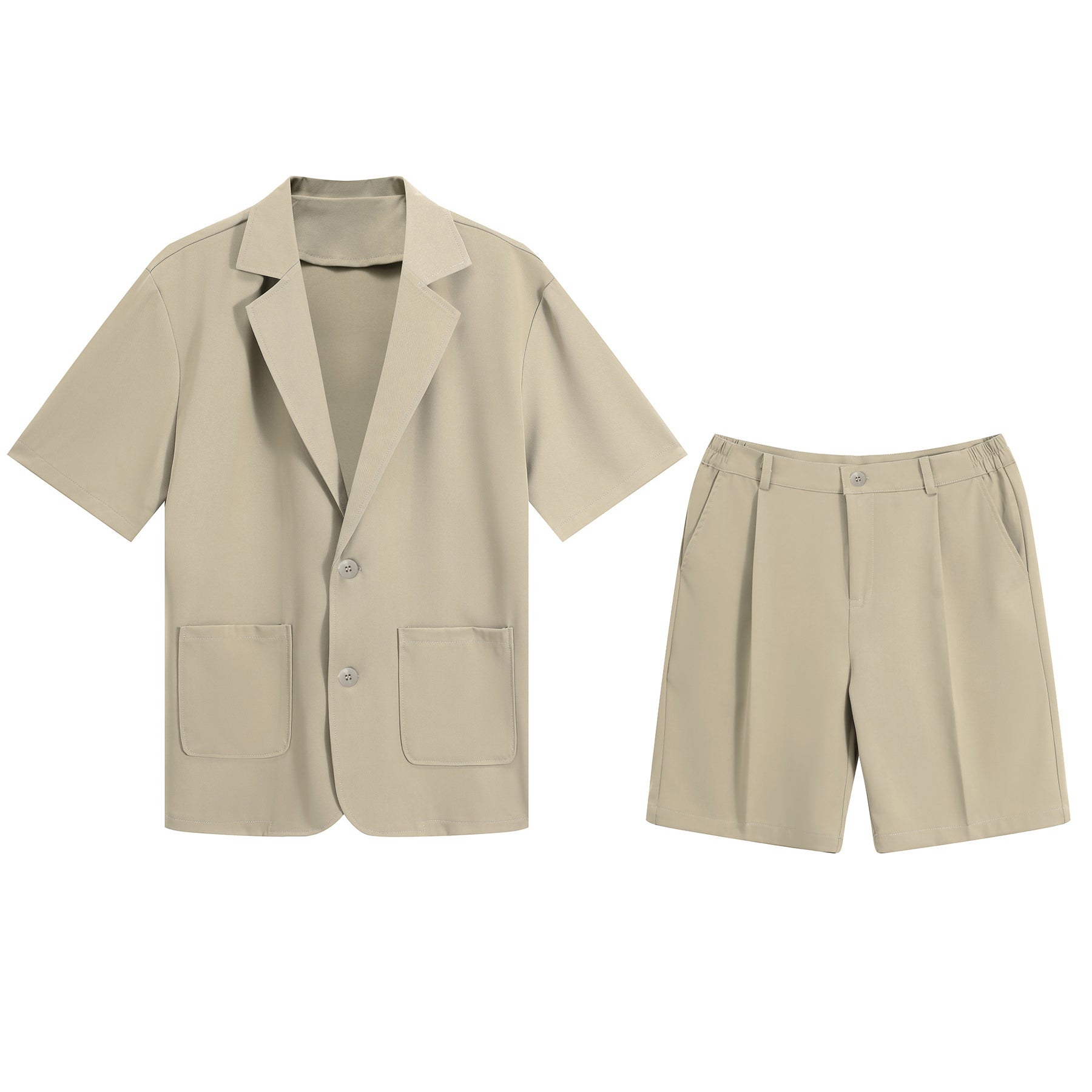 Light Khaki # Men's short sleeve Hawaiian summer suit with spread collar and two-button closure, leaf printed casual set with matching shorts, slim fit single-breasted polyester outfit for vacation, beach, cruise, luau and daily summer wear, isolated on white background.