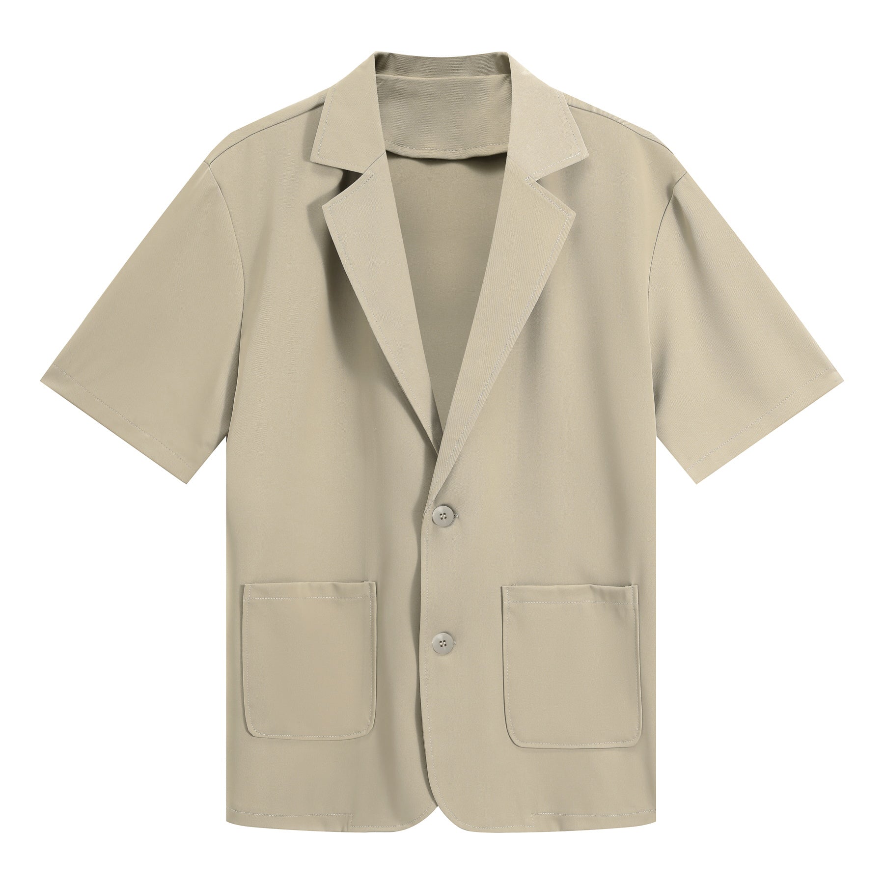 Light Khaki # Men's short sleeve Hawaiian summer suit with spread collar and two-button closure, leaf printed casual set with matching shorts, slim fit single-breasted polyester outfit for vacation, beach, cruise, luau and daily summer wear, isolated on white background.