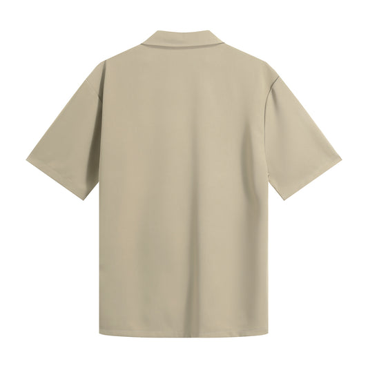 Light Khaki # Men's short sleeve Hawaiian summer suit with spread collar and two-button closure, leaf printed casual set with matching shorts, slim fit single-breasted polyester outfit for vacation, beach, cruise, luau and daily summer wear, isolated on white background.