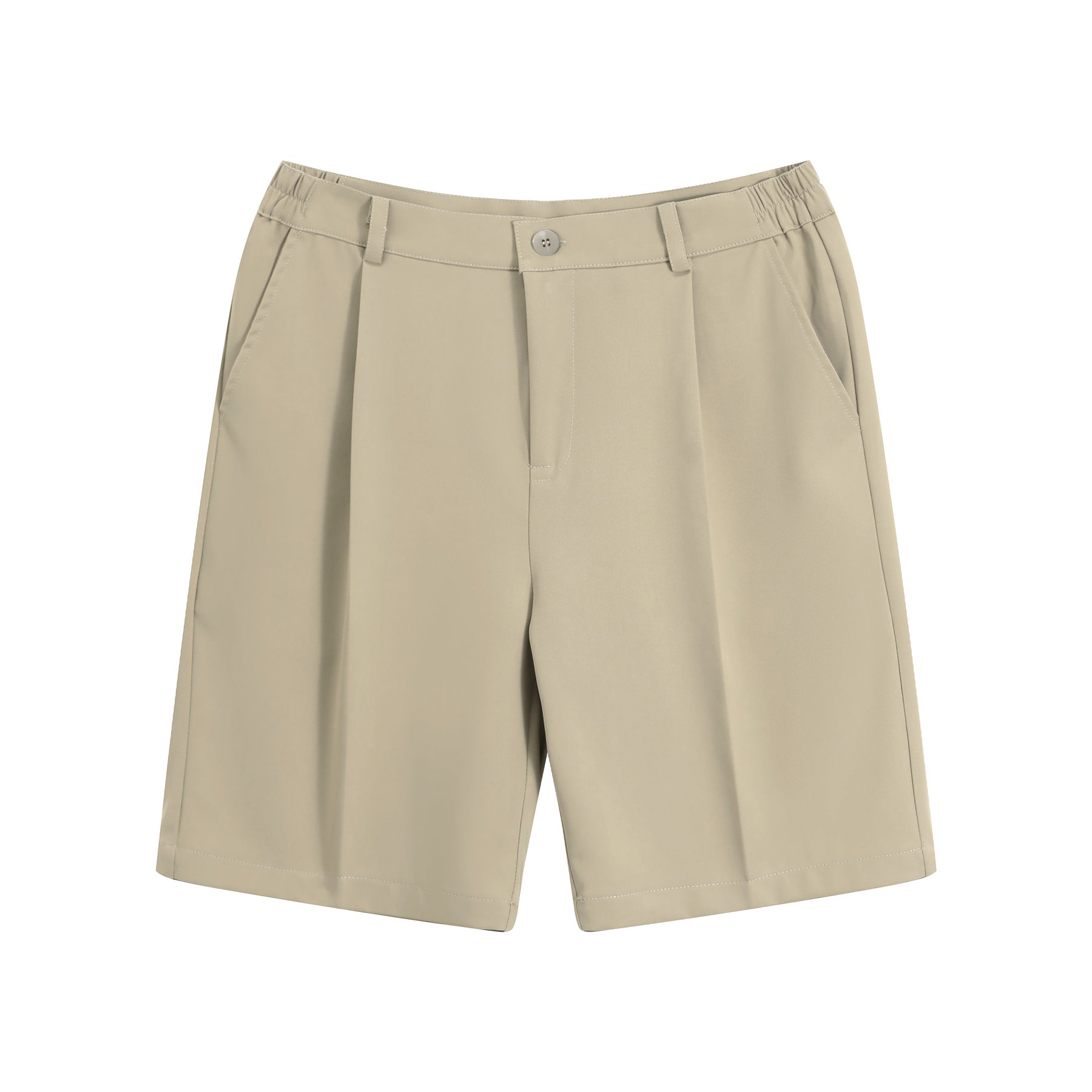 Light Khaki # Men's short sleeve Hawaiian summer suit with spread collar and two-button closure, leaf printed casual set with matching shorts, slim fit single-breasted polyester outfit for vacation, beach, cruise, luau and daily summer wear, isolated on white background.