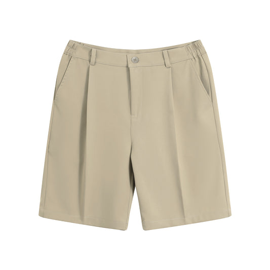 Light Khaki # Men's short sleeve Hawaiian summer suit with spread collar and two-button closure, leaf printed casual set with matching shorts, slim fit single-breasted polyester outfit for vacation, beach, cruise, luau and daily summer wear, isolated on white background.