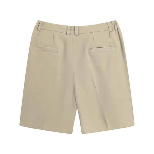 Light Khaki # Men's short sleeve Hawaiian summer suit with spread collar and two-button closure, leaf printed casual set with matching shorts, slim fit single-breasted polyester outfit for vacation, beach, cruise, luau and daily summer wear, isolated on white background.