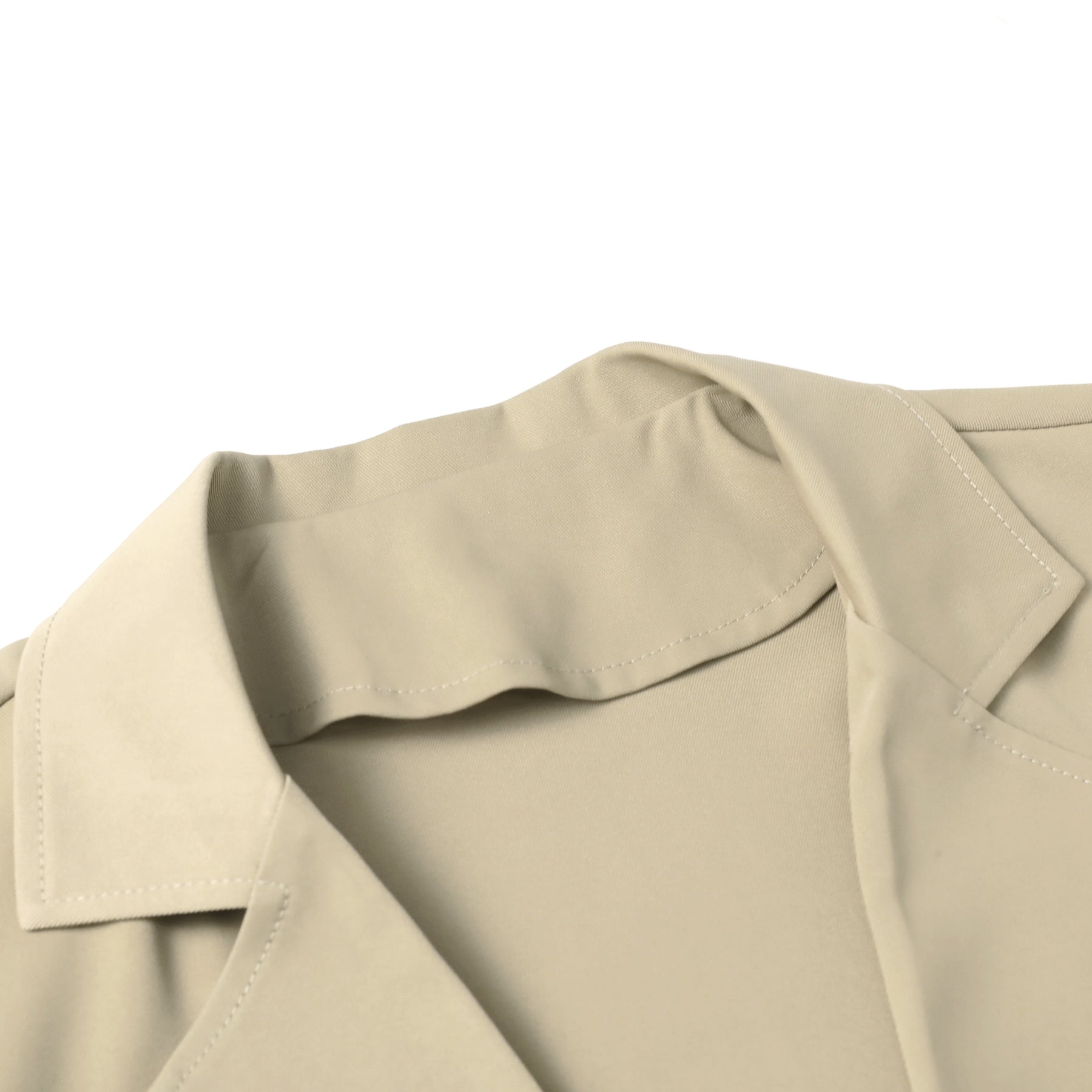 Light Khaki # Men's short sleeve Hawaiian summer suit with spread collar and two-button closure, leaf printed casual set with matching shorts, slim fit single-breasted polyester outfit for vacation, beach, cruise, luau and daily summer wear, isolated on white background.