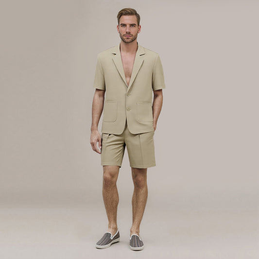 Light Khaki # Men's short sleeve Hawaiian summer suit with spread collar and two-button closure, leaf printed casual set with matching shorts, slim fit single-breasted polyester outfit for vacation, beach, cruise, luau and daily summer wear, isolated on white background.