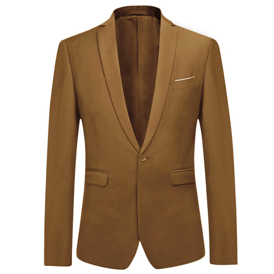Brown # Men's one-button casual blazer with flat collar and single-breasted closure, stylish brown sport coat jacket with premium polyester viscose blend fabric for daily business, office, wedding and party wear, isolated on white background.